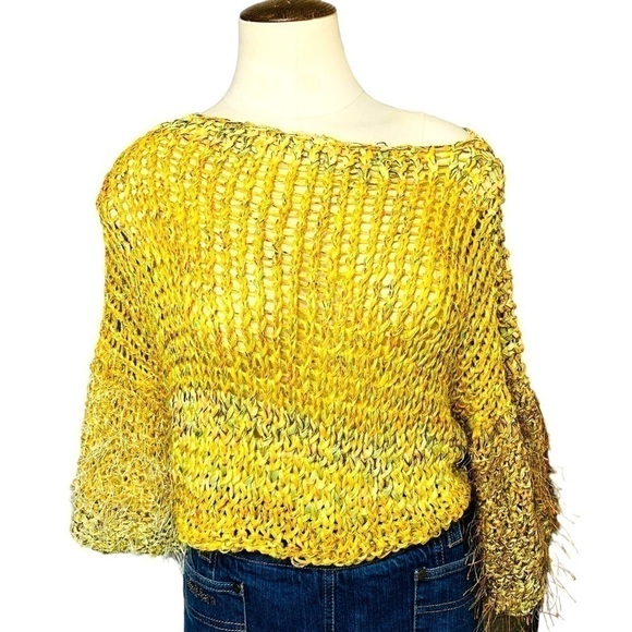 Hand Crafted Boho Yellow Fabric Knit Cropped Sweater Wide Sleeves Fuzzy Top O/S - Picture 1 of 9
